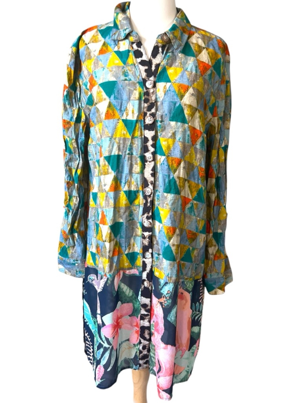 John Mark Tunic Blouse Bird Jungle Print Collared Long Sleeve Button Down Tunic